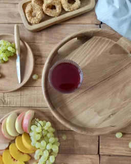 سینی چای چوبی بزرگ گرد دسته دار اماهوم (چوب گردو) Marsaa/L